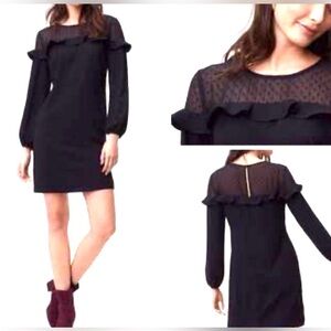 Ann Taylor LOFT  Black midi Shift Dress Polka Dot and Ruffle trim